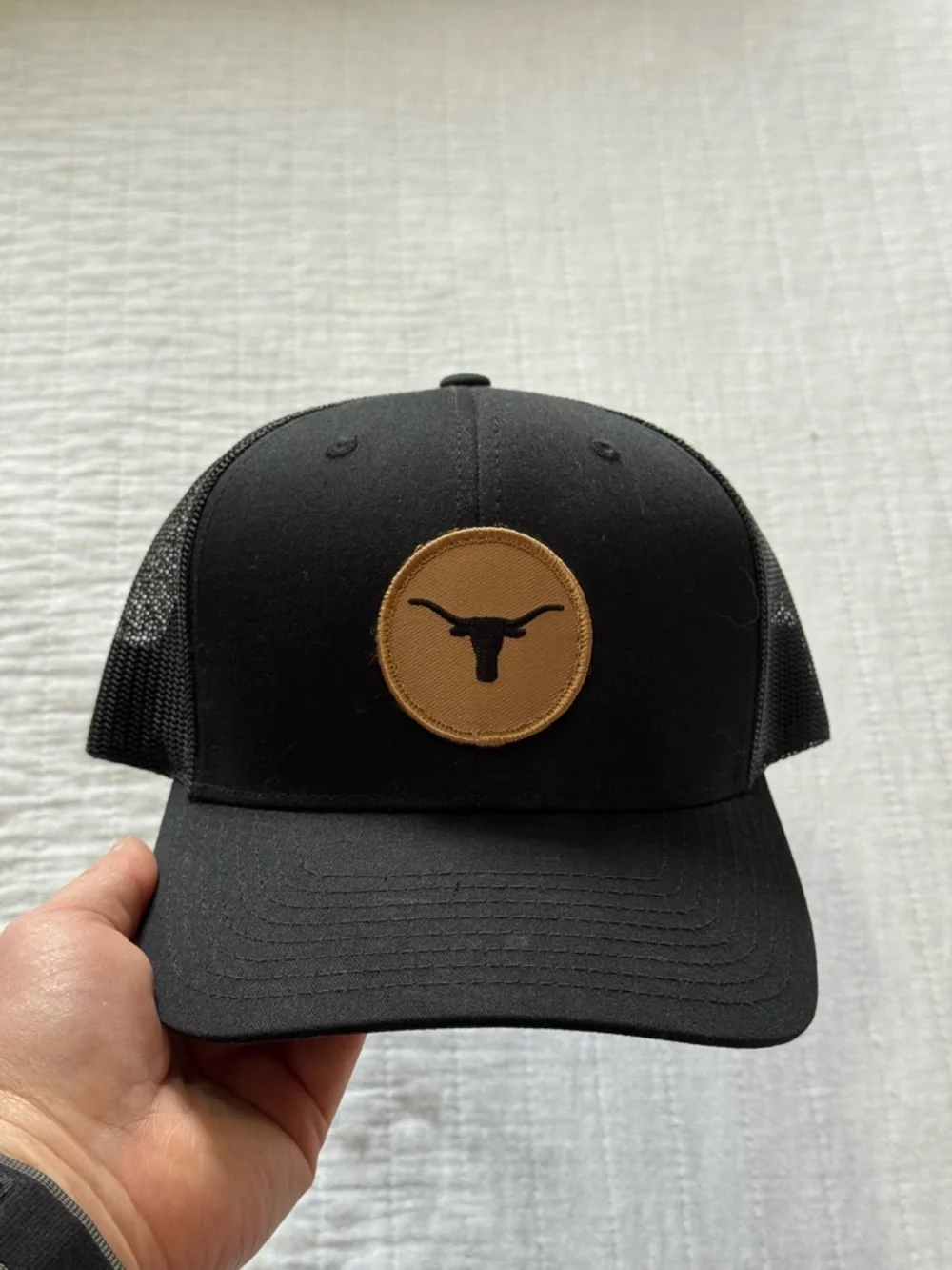Black Trucker Hat with Brown Longhorn Patch - Picture 1 of 4